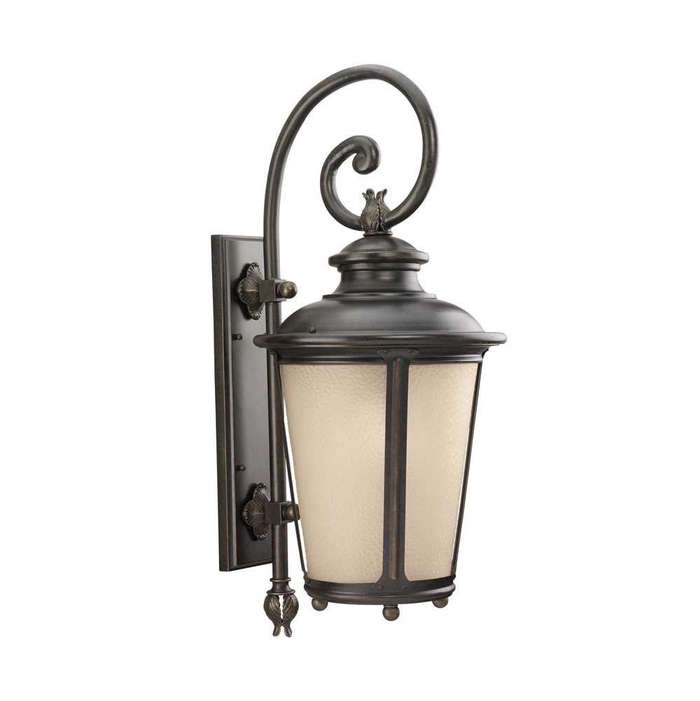 Generation Lighting Cape May Traditional 1-Light Led Outdoor Exterior Extra Large Wall Lantern Sconce In Burled Iron Grey Finish W/Etched Light Amber Glass Diffuser
