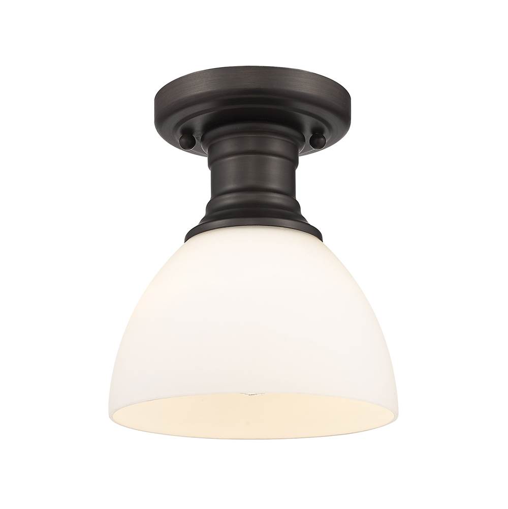 Golden Lighting Hines Semi-flush in Rubbed Bronze with Opal Glass