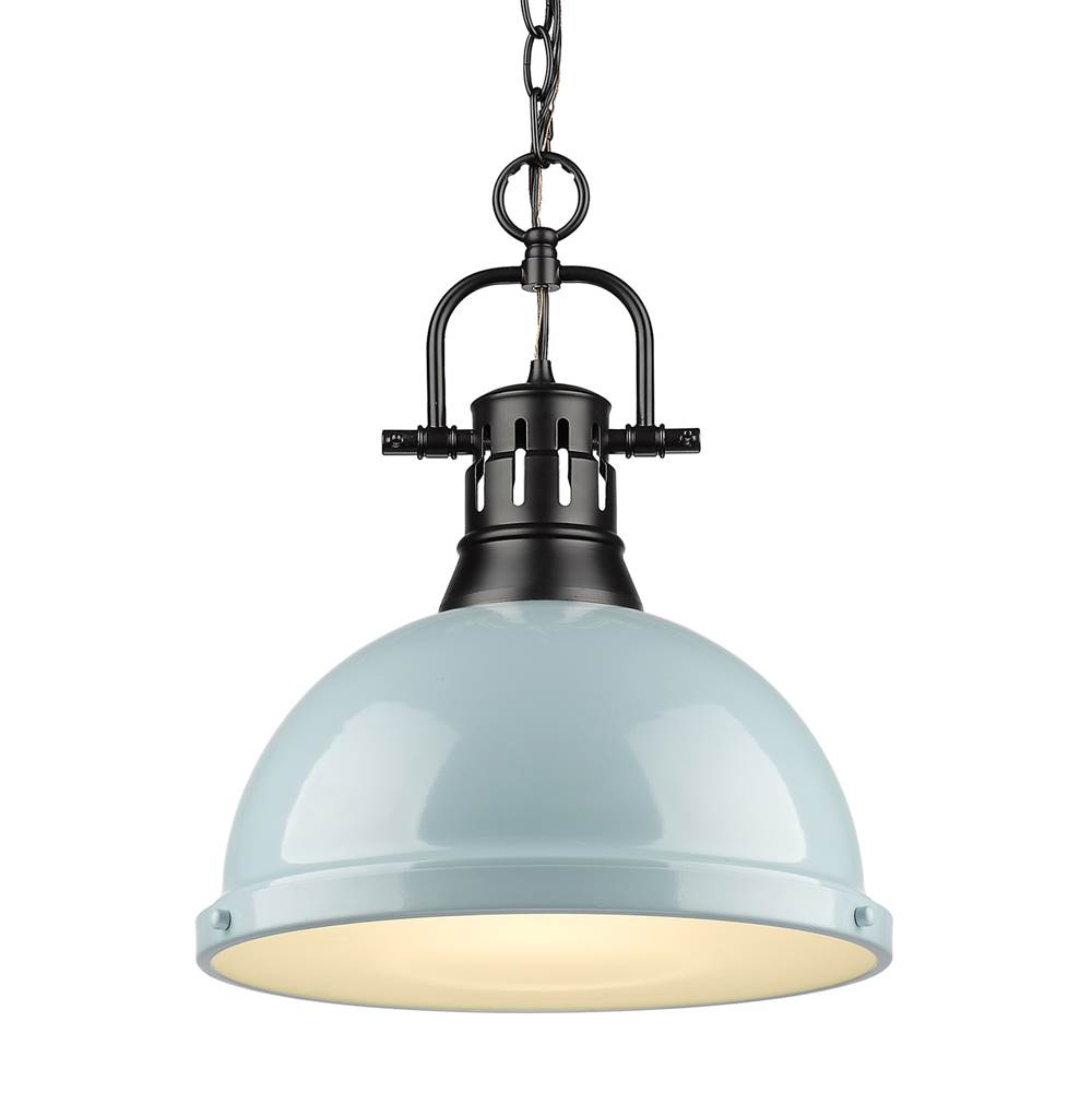 Golden Lighting Duncan 1 Light Pendant with Chain in Matte Black with a Seafoam Shade