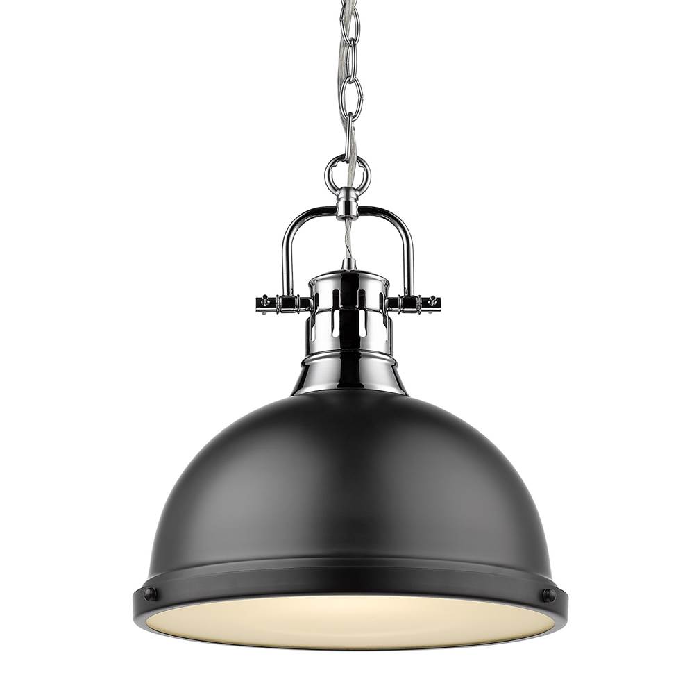 Golden Lighting Duncan 1 Light Pendant with Chain in Chrome with a Matte Black Shade