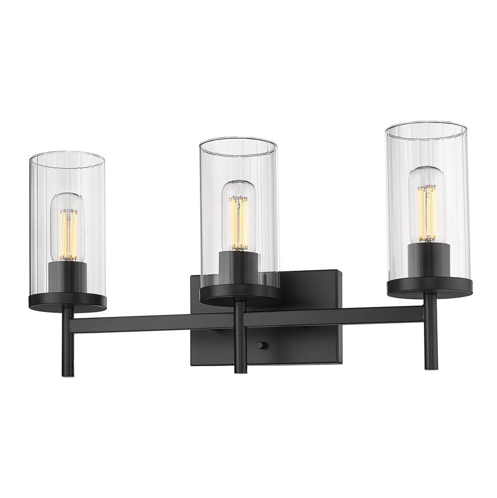 Golden Lighting Winslett 3 Light Bath Vanity in Matte Black with Ribbed Clear Glass Shades