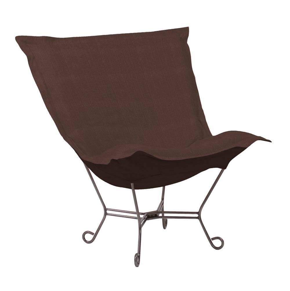 Howard Elliott Scroll Puff Chair Sterling Chocolate Titanium Frame