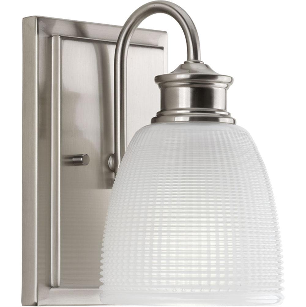 Progress Lighting Lucky Collection One-Light Brushed Nickel Frosted Prismatic Glass Coastal Bath Vanity Light