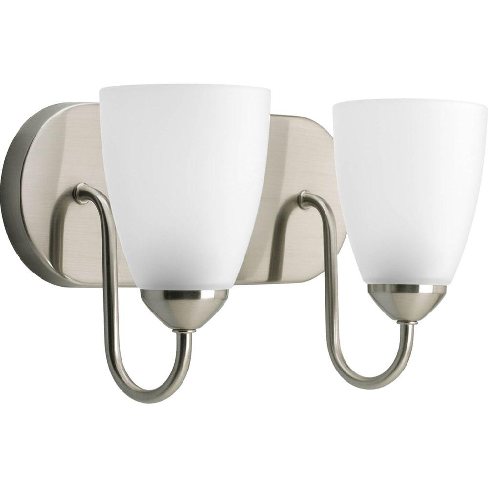 Progress Lighting Gather Collection Two-Light Brushed Nickel Etched Glass Traditional Bath Vanity Light