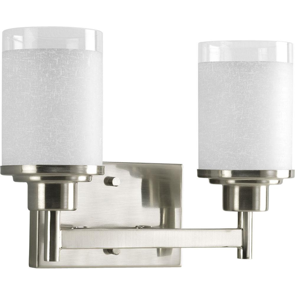 Progress Lighting Alexa Collection Two-Light Brushed Nickel Etched Linen With Clear Edge Glass Modern Bath Vanity Light