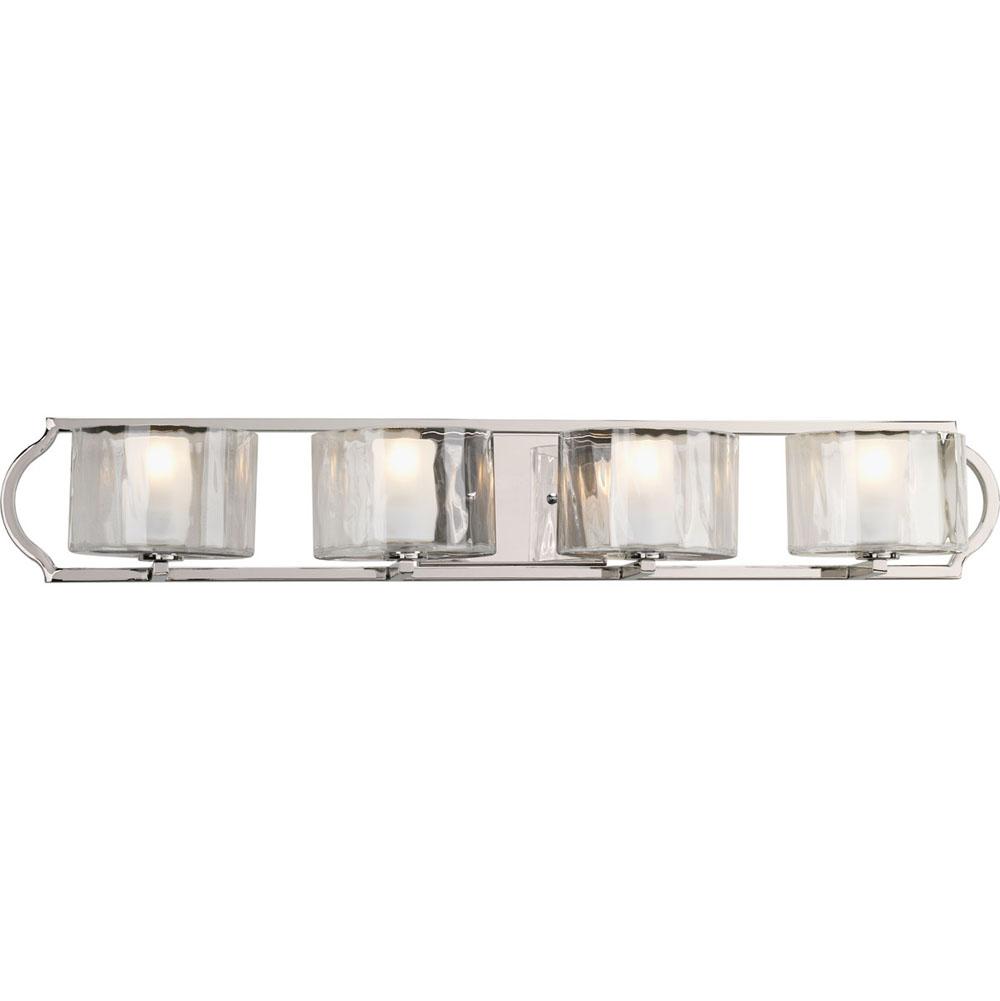 Progress Lighting Caress Collection Four-Light Polished Nickel Clear Water Glass Luxe Bath Vanity Light