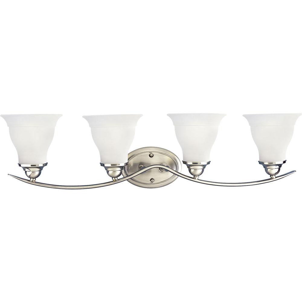 Progress Lighting Trinity Collection Four-Light Brushed Nickel Etched Glass Traditional Bath Vanity Light