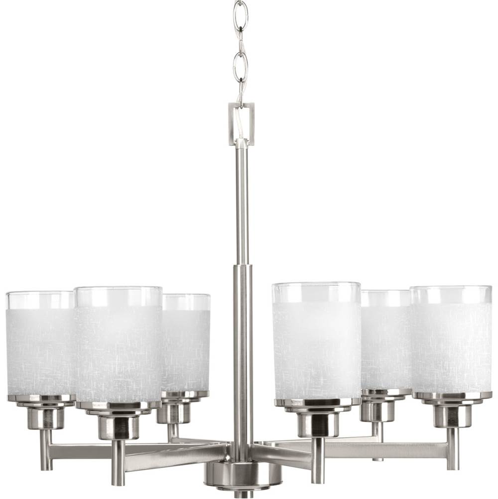 Progress Lighting Alexa Collection Six-Light Brushed Nickel Etched Linen With Clear Edge Glass Modern Chandelier Light