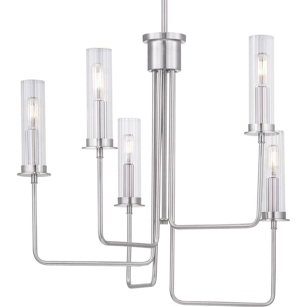 Progress Lighting Rainey Collection Five-Light Brushed Nickel Clear Fluted Ribbed Glass Modern Chandelier Light