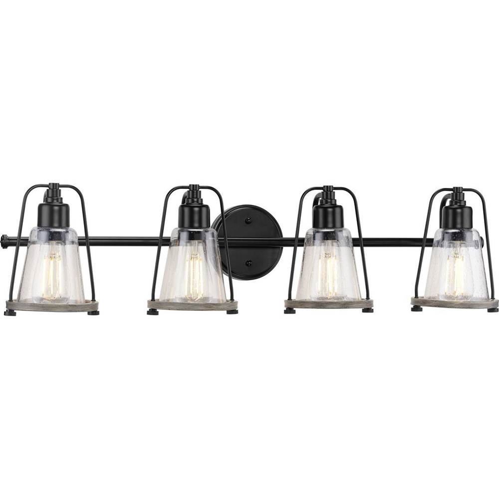 Progress Lighting Conway Collection Four-Light Matte Black and Clear Seeded Farmhouse Style Bath Vanity Wall Light