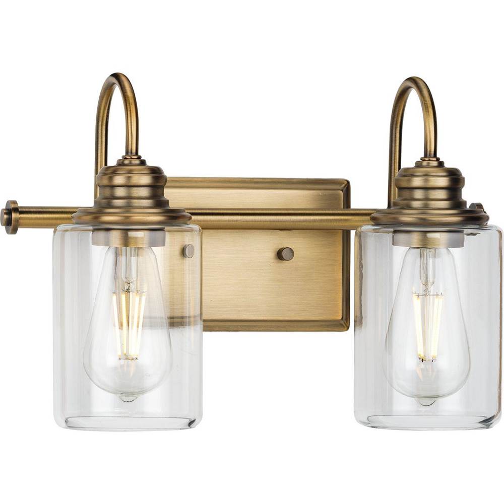 Progress Lighting Aiken Collection Two-Light Vintage Style Brass Clear Glass Farmhouse Style Bath Vanity Wall Light