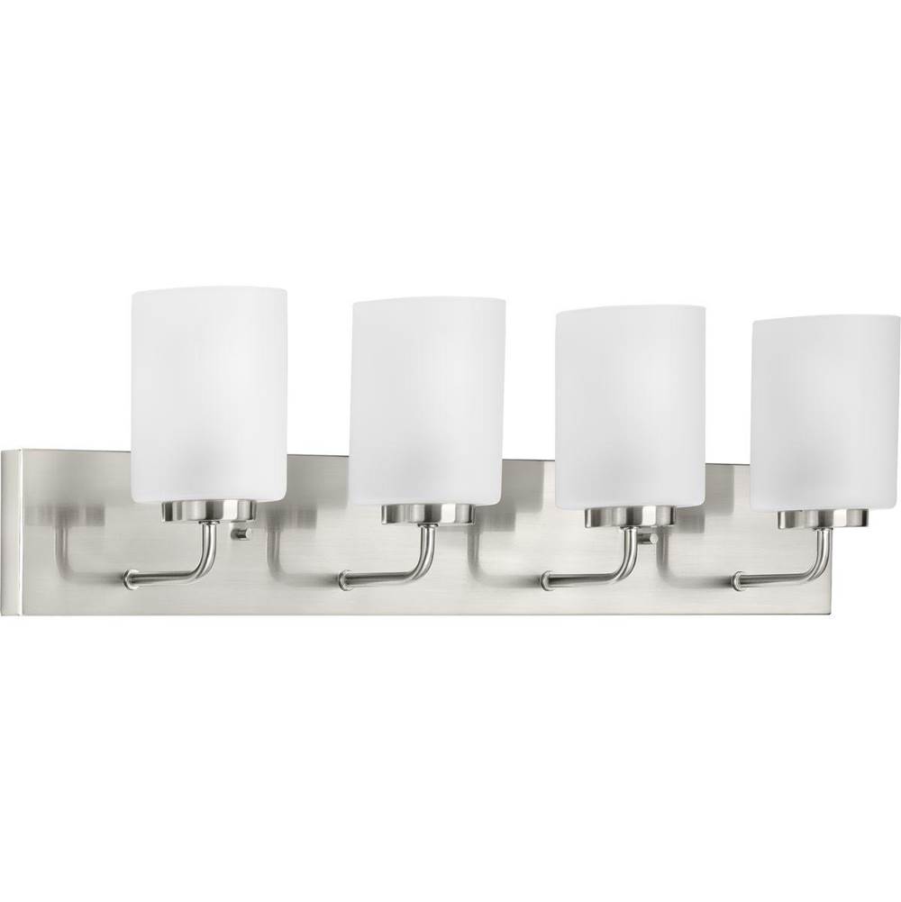 Progress Lighting Merry Collection Four-Light Brushed Nickel and Etched Glass Transitional Style Bath Vanity Wall Light