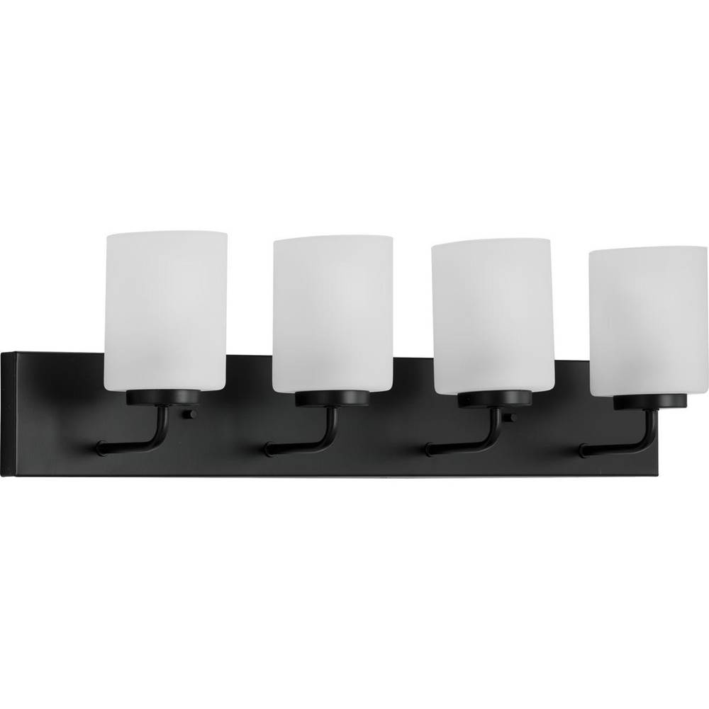 Progress Lighting Merry Collection Four-Light Matte Black and Etched Glass Transitional Style Bath Vanity Wall Light