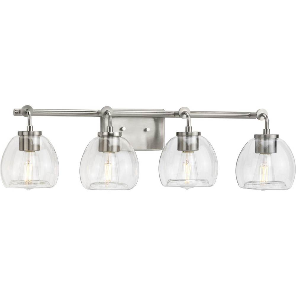 Progress Lighting Caisson Collection Four-Light Brushed Nickel Clear Glass Urban Industrial Bath Vanity Light