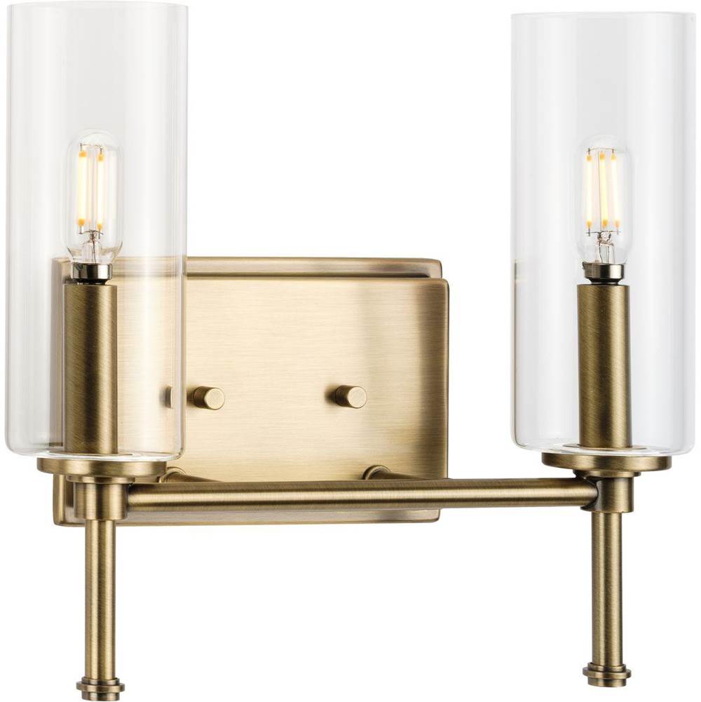 Progress Lighting Elara Collection Two-Light New Traditional Vintage Brass Clear Glass Bath Vanity Light