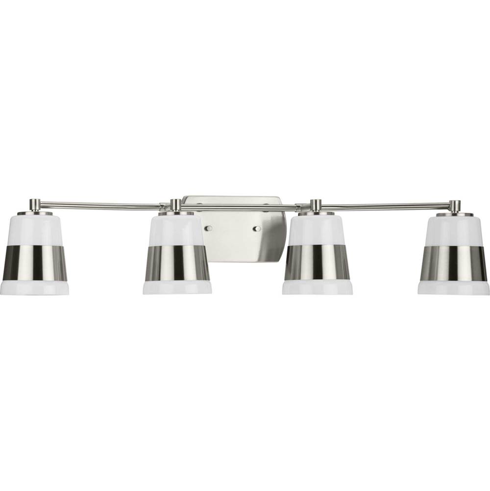 Progress Lighting Haven Collection Four-Light Brushed Nickel Opal Glass Luxe Industrial Bath Light