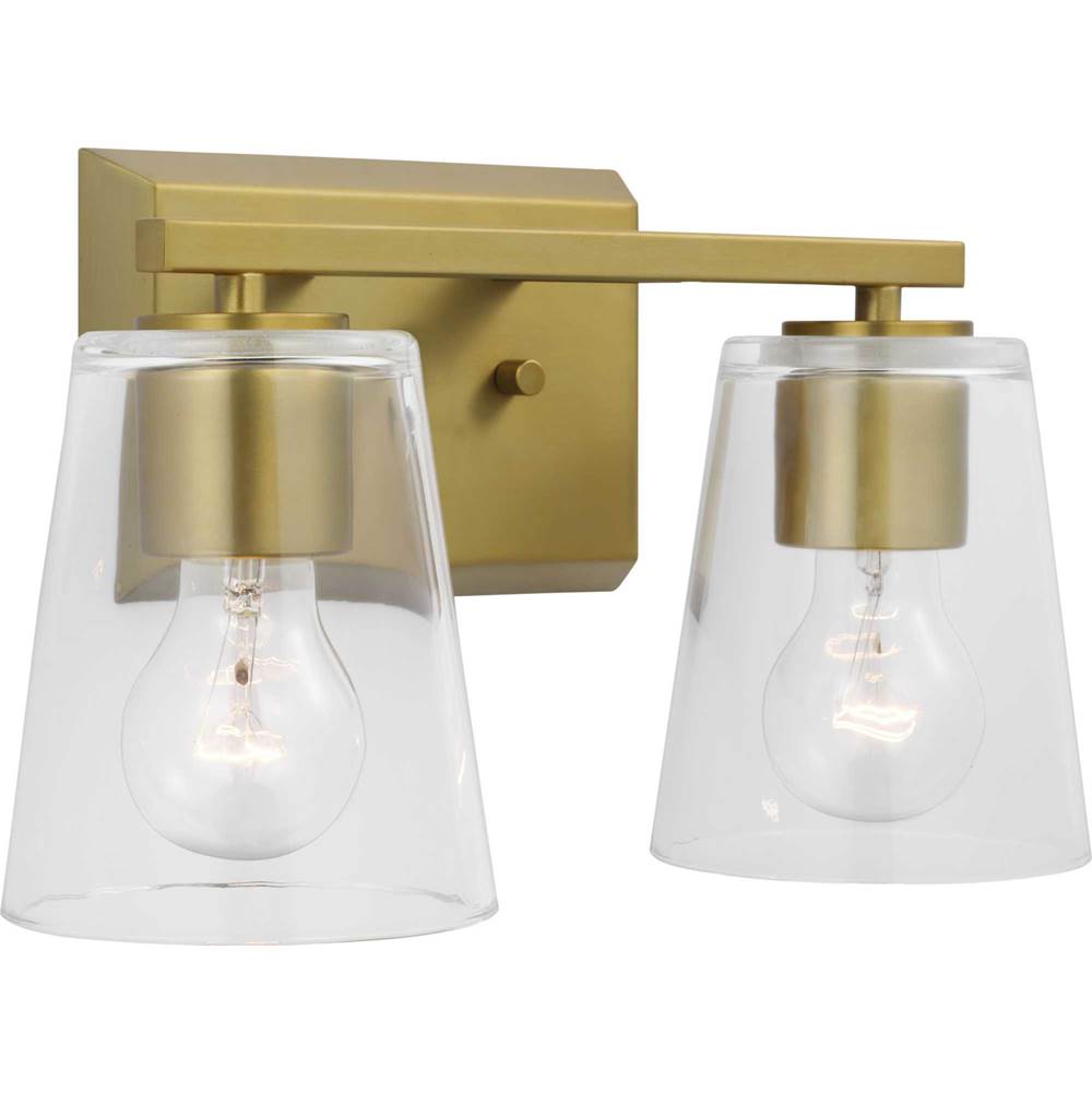 Progress Lighting Vertex Collection Two-Light Brushed Gold Clear Glass Contemporary Bath Light