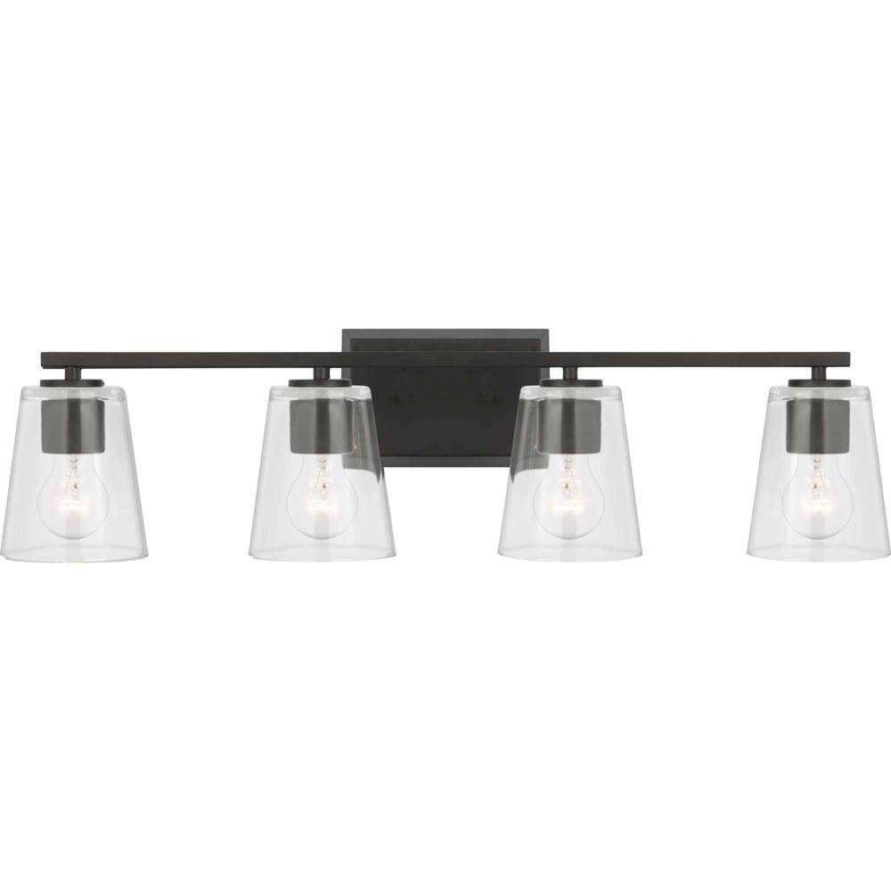 Progress Lighting Vertex Collection Four-Light Matte Black Clear Glass Contemporary Bath Light