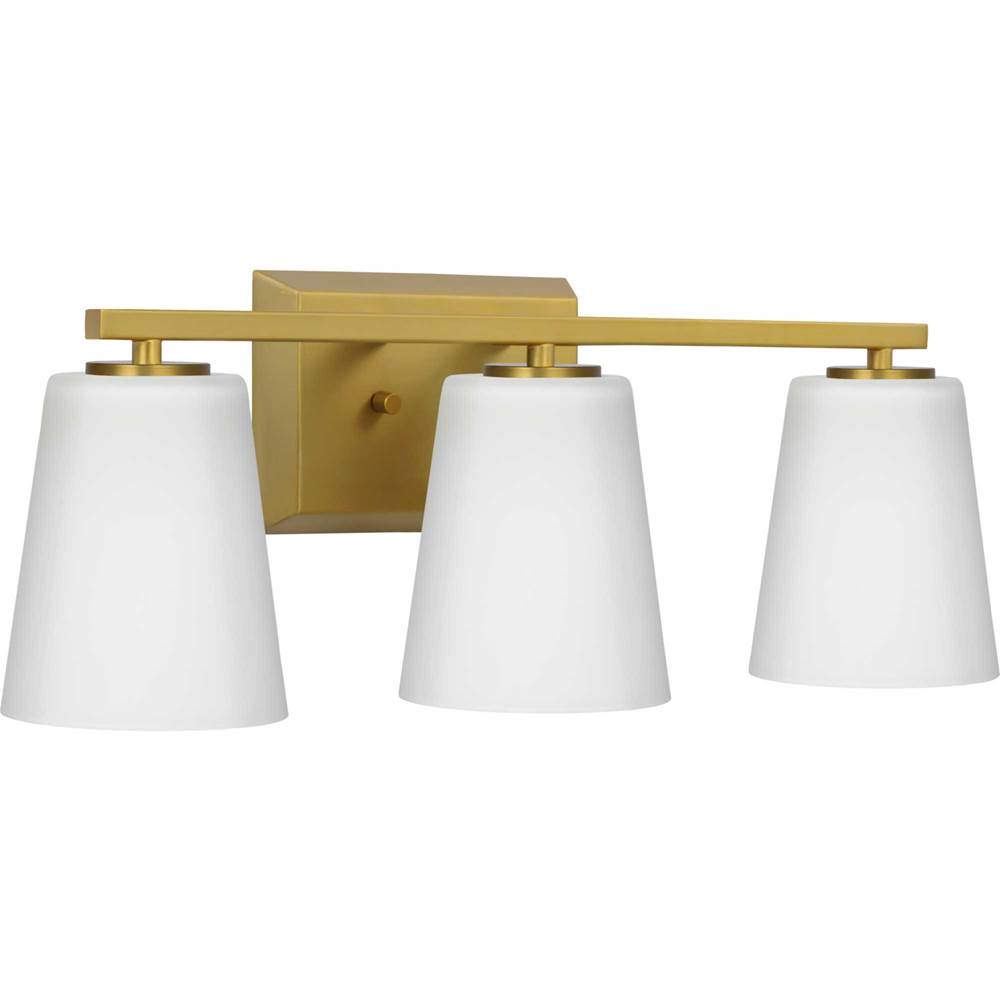 Progress Lighting Vertex Collection Three-Light Brushed Gold Etched White Glass Contemporary Bath Light