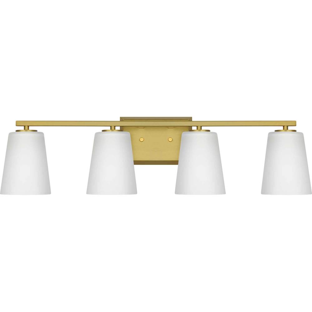 Progress Lighting Vertex Collection Four-Light Brushed Gold Etched White Glass Contemporary Bath Light