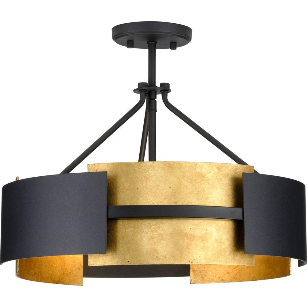 Progress Lighting Lowery Collection Three-Light Textured Black/Distressed Gold Convertible Semi-Flush Ceiling or Hanging Pendant Light