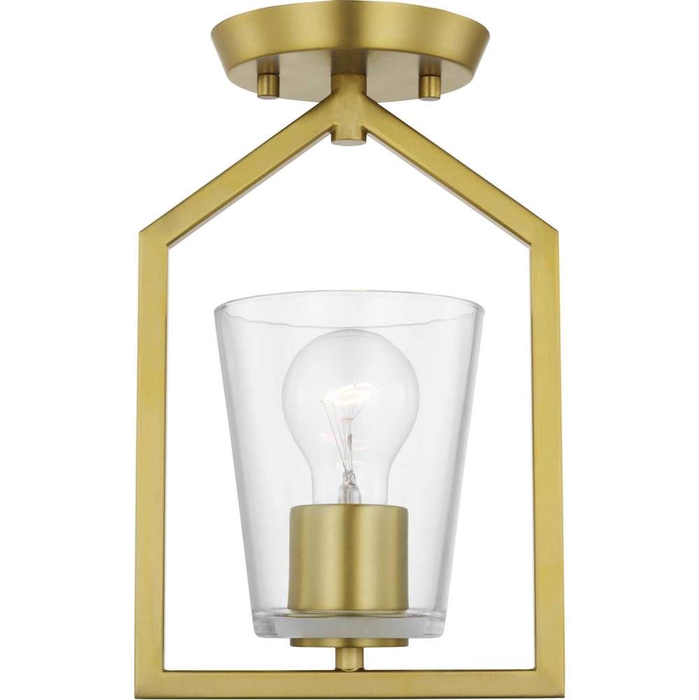 Progress Lighting Vertex Collection One-Light Brushed Gold Clear Glass Contemporary Semi-Flush Mount