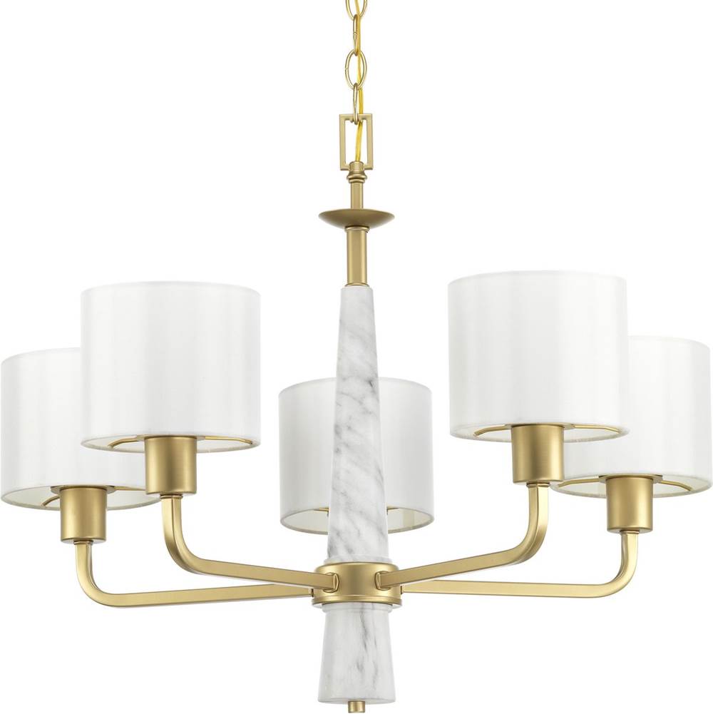 Progress Lighting Palacio Collection Five-Light Vintage Gold White Silk Fabric Shade Luxe Chandelier Light