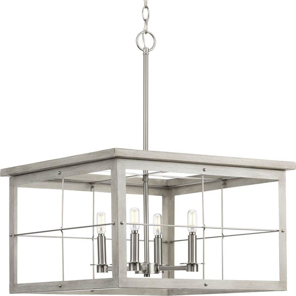 Progress Lighting Hedgerow Collection Four-Light Brushed Nickel and Grey Washed Oak Farmhouse Style Chandelier Light