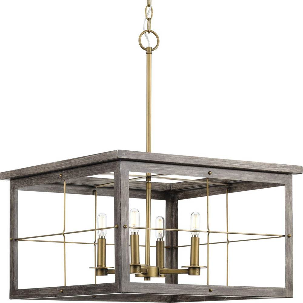 Progress Lighting Hedgerow Collection Four-Light Distressed Brass and Aged Oak Farmhouse Style Chandelier Light