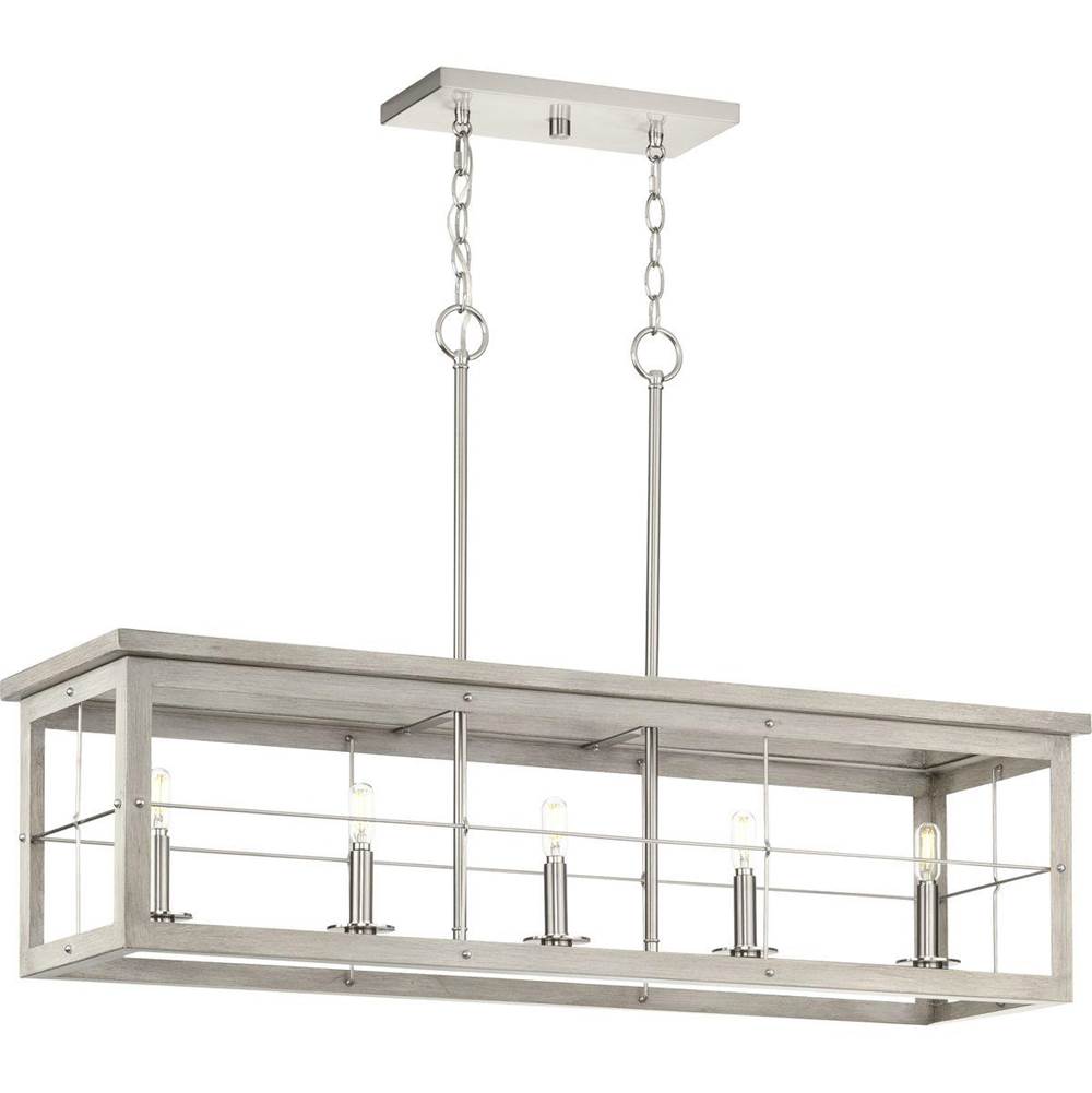 Progress Lighting Hedgerow Collection Five-Light Brushed Nickel and Grey Washed Oak Farmhouse Style Linear Island Chandelier Light