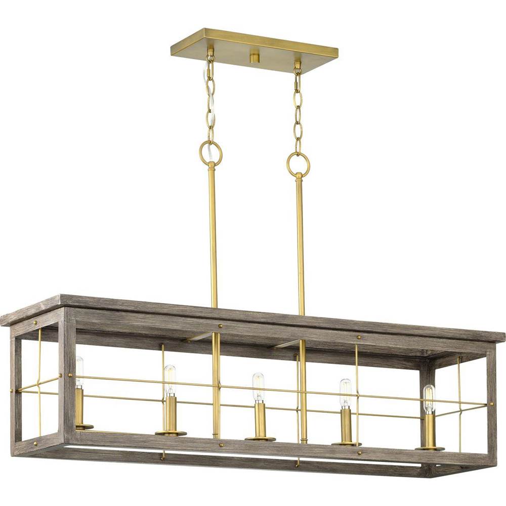 Progress Lighting Hedgerow Collection Five-Light Distressed Brass and Aged Oak Farmhouse Style Linear Island Chandelier Light
