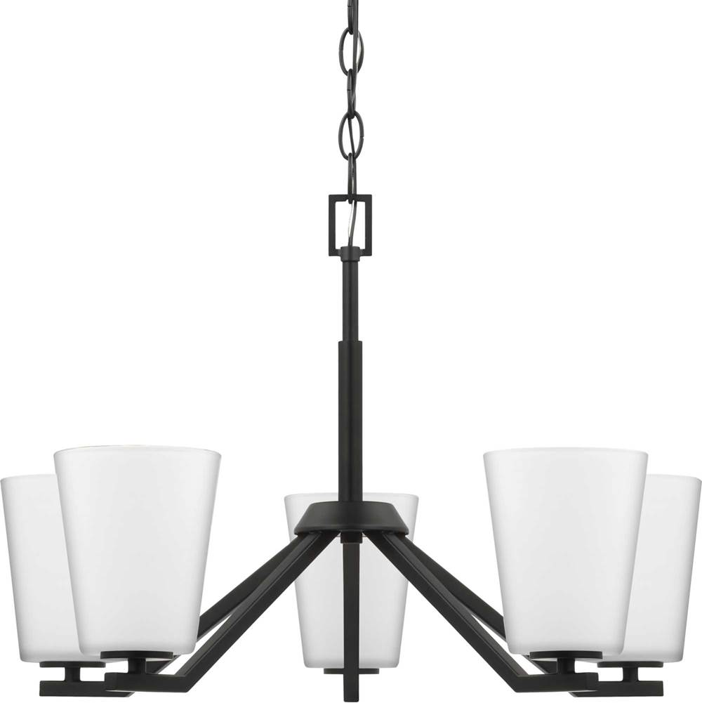 Progress Lighting Vertex Collection Five-Light Matte Black Etched White Contemporary Chandelier