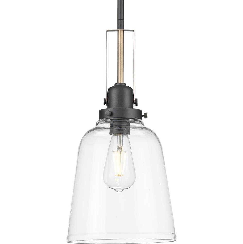 Progress Lighting Rushton Collection One-Light Graphite/Vintage Brass and Clear Glass Industrial Style Hanging Pendant Light