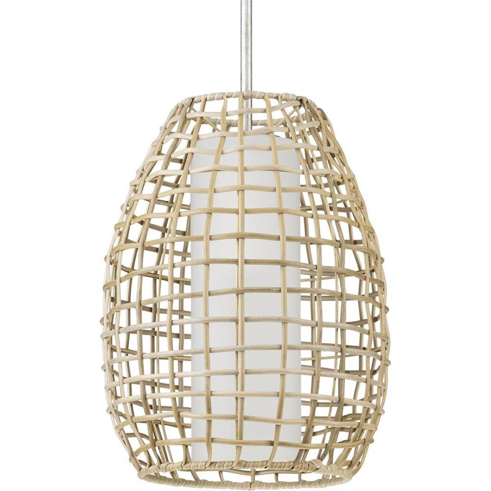 Progress Lighting Pawley Collection One-Light Galvanized and Natural Rattan Indoor/Outdoor Hanging Pendant Light