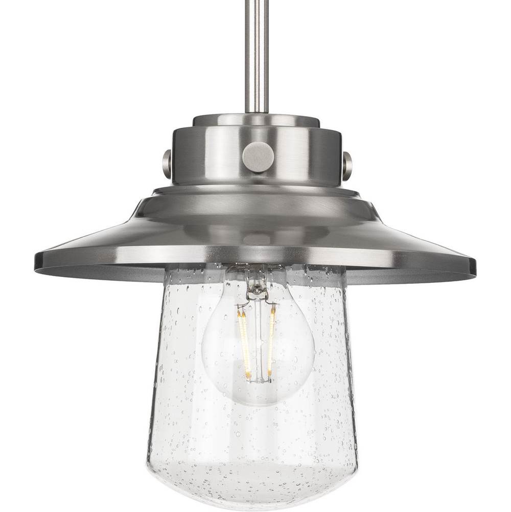 Progress Lighting Tremont Collection One-Light Stainless Steel and Clear Seeded Glass Farmhouse Style Hanging Mini-Pendant Light
