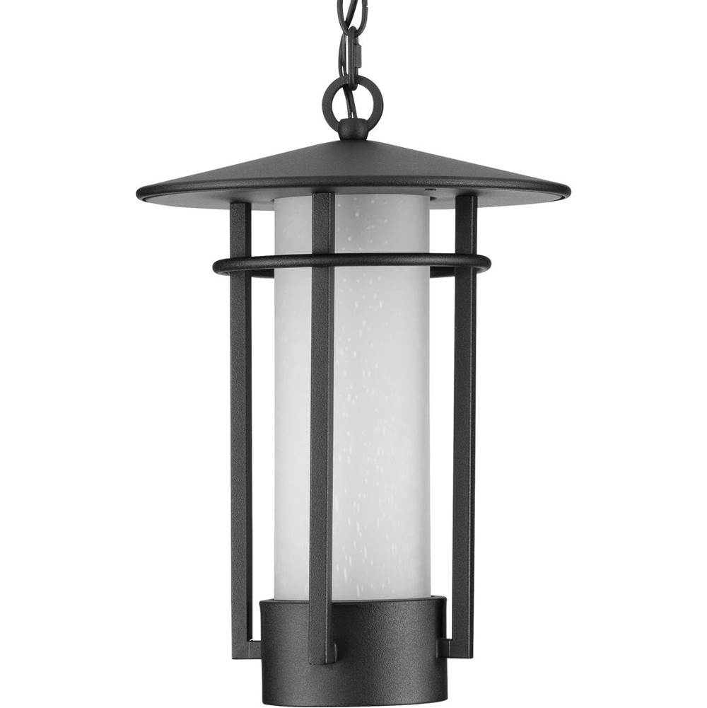 Progress Lighting Exton Collection One-Light Textured Black and Etched Seeded Glass Modern Style Outdoor Hanging Pendant Lantern