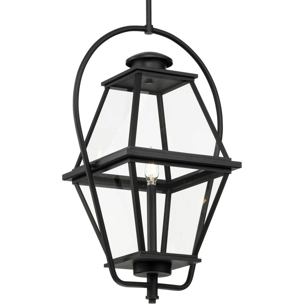 Progress Lighting Bradshaw Collection One-Light Textured Black Clear Glass Transitional Outdoor Hanging Lantern