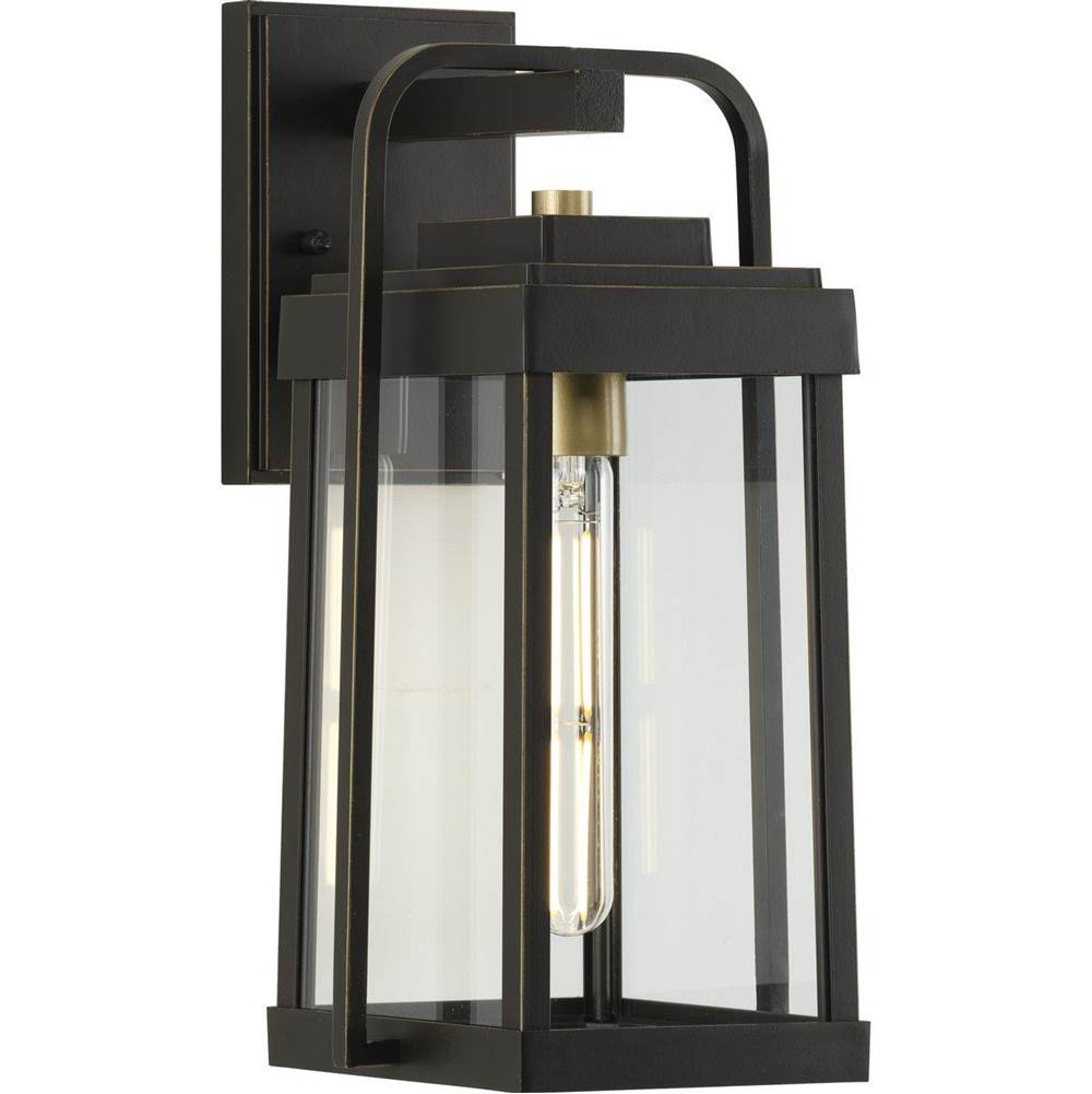 Progress Lighting Walcott Collection  One-Light Antique Bronze with Brasstone Accents Clear Glass Transitional Outdoor Wall Lantern Light