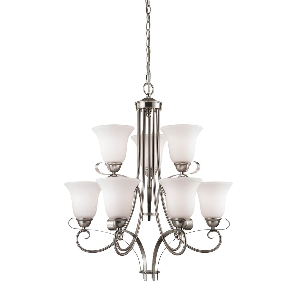 Thomas Lighting Brighton 9-Light Chandelier in Brushed Nickel With White Glass