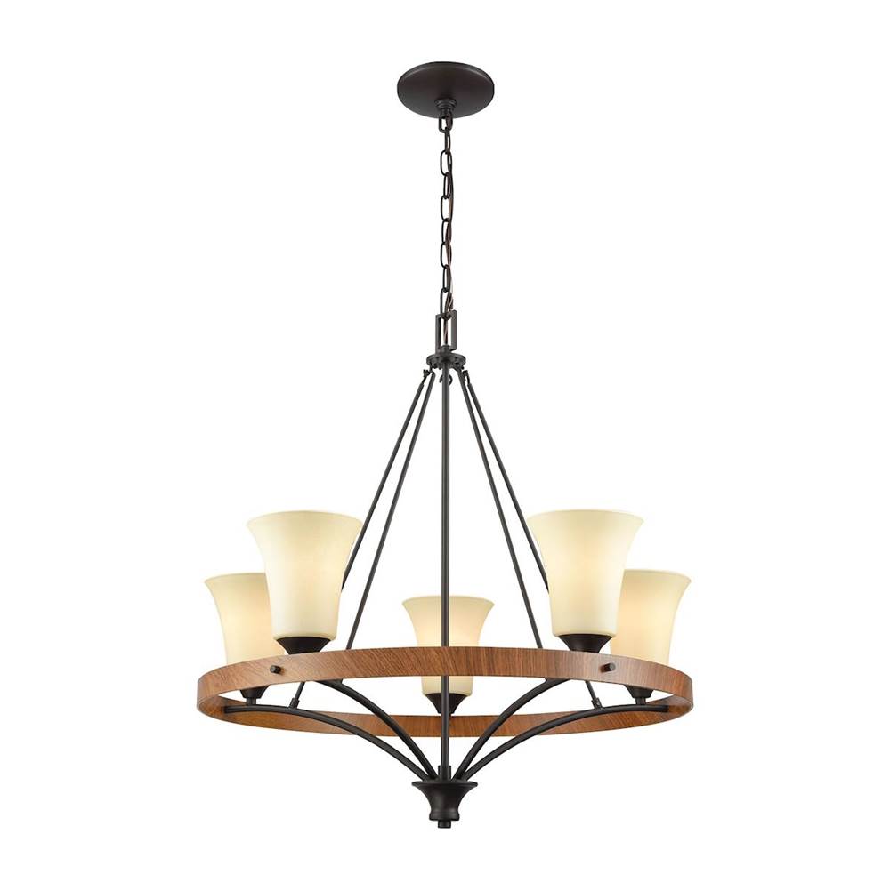 Thomas Lighting Park City 5-Light Chandelier in In Oil Rubbed Bronze and Wood Grain and Beige Scavo Glass