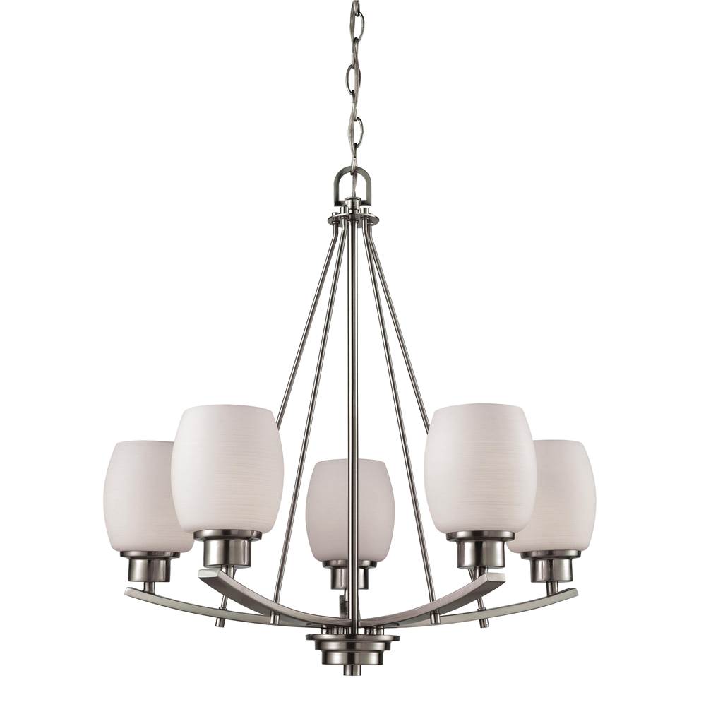 Thomas Lighting Casual Mission 5-Light Chandelier in In Brushed Nickel With White Lined Glass