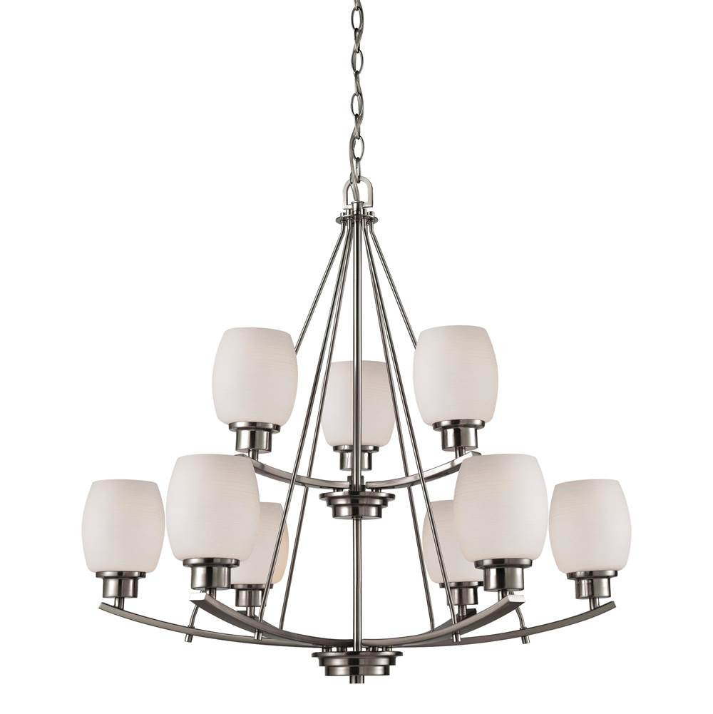 Thomas Lighting Casual Mission 9-Light Chandelier in In Brushed Nickel With White Lined Glass