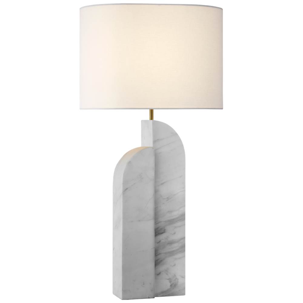 Visual Comfort Signature Collection Savoye Left Table Lamp in White Marble with Linen Shade