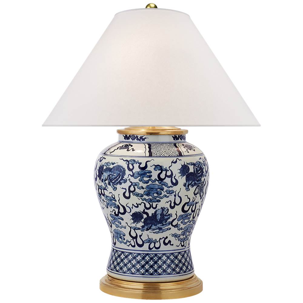 Visual Comfort Signature Collection Foo Dog Medium Table Lamp in Blue and White Porcelain with Silk Shade