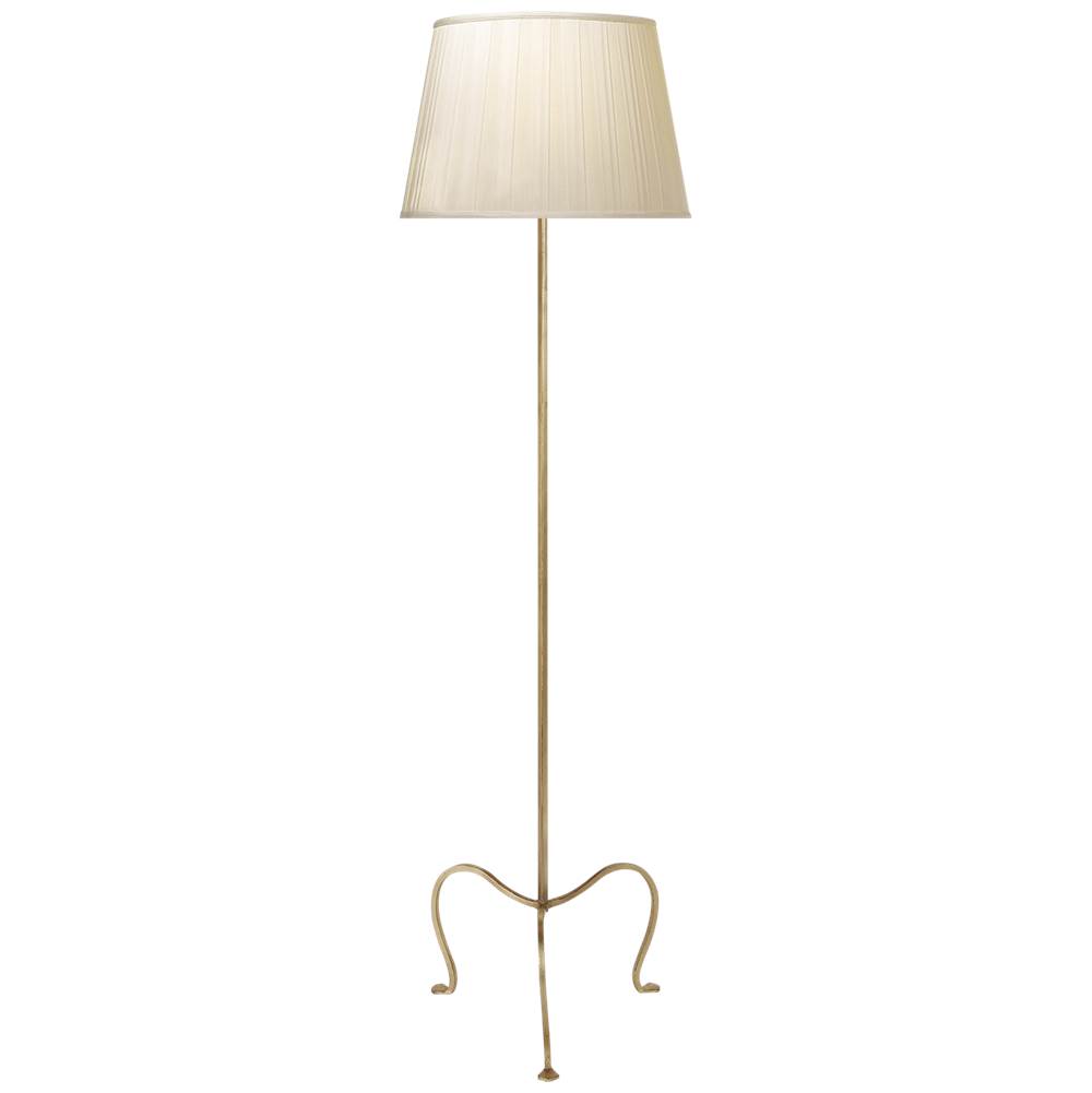 Visual Comfort Signature Collection Albert Petite Tri-Leg Floor Lamp in Gilded Iron with Silk Box Pleat Shade