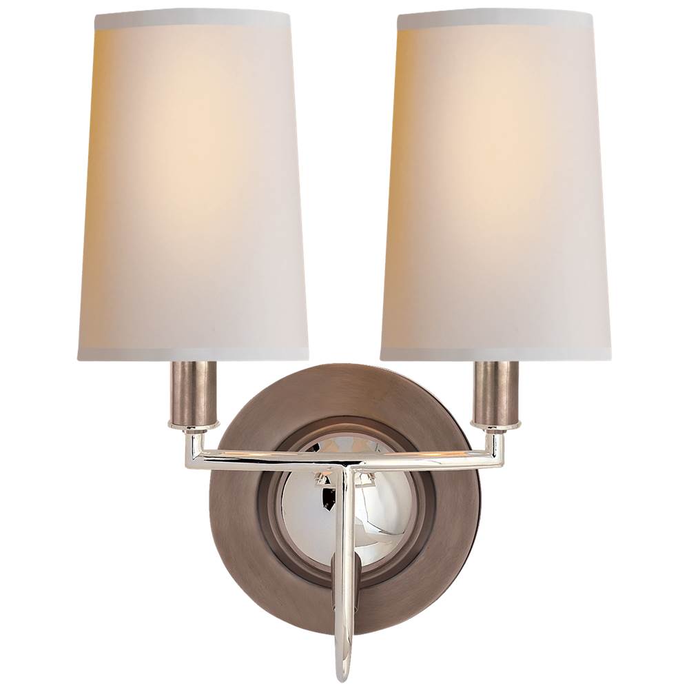 Visual Comfort Signature Collection Elkins Double Sconce in Antique Nickel and Polished Nickel with Natural Paper Shades