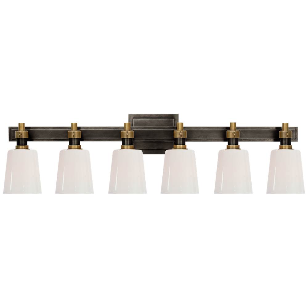 Visual Comfort Signature Collection Bryant Six-Light Linear Bath Sconce in Bronze and Hand-Rubbed Antique Brass with White Glass