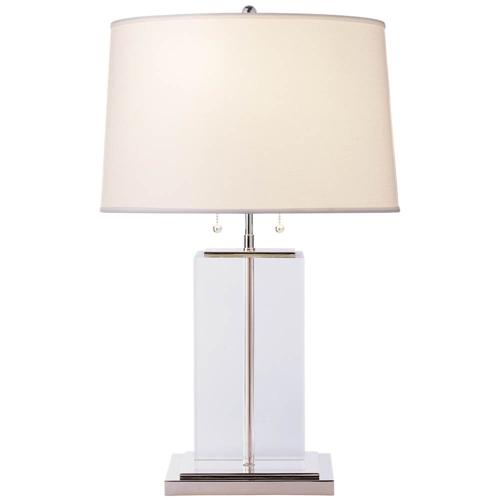 Visual Comfort Signature Collection Block Large Table Lamp in Crystal and Polished Silver with Cotton Shade